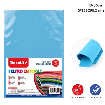 Feltro In Fogli Celeste 40x60cm Spessore 2mm 10fogli 621420