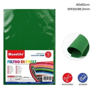 Feltro In Fogli Verde Scuro 40x60cm Spessore 2mm 10fogli 621427