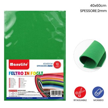 Feltro In Fogli Verde Chiaro 40x60cm Spessore 2mm 10fogli 621428