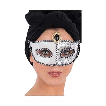 Maschera Bianca E Argento Con Gemma Nera Per Carnevale